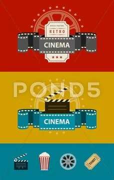 Retro cinematography banners with icons flat design Stock Illustration