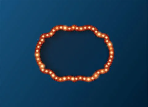 Retro circus abstract oval frame with glowing lights on blue background, Vector Stock Illustration