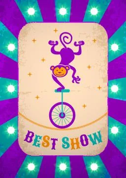 Retro circus poster with monkey on bicycle Stock Illustration