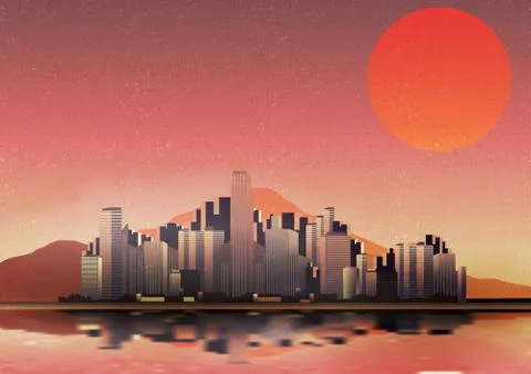 Retro City in a Desert with Reflection Background - Vector Illustration Stock Illustration
