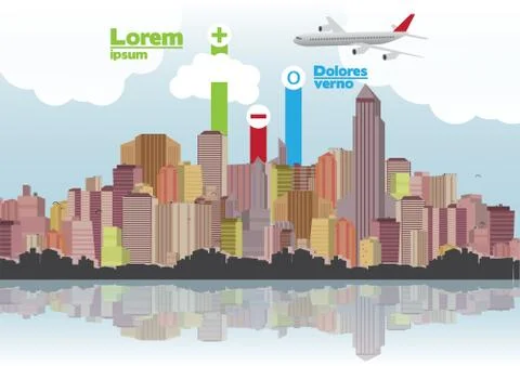 Retro City Skyline with Reflection Background and Infographic - Vector Illu.. Stock Illustration