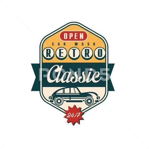 Retro classic car wash logo, open 24 7, auto service badge, retro vintage label Stock Illustrationen