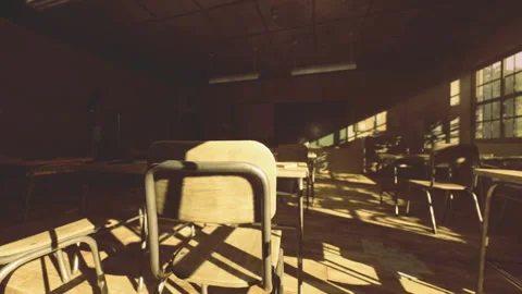 Retro classroom environment illuminated by warm sunlight and grainy film effect Stock Footage 341820103