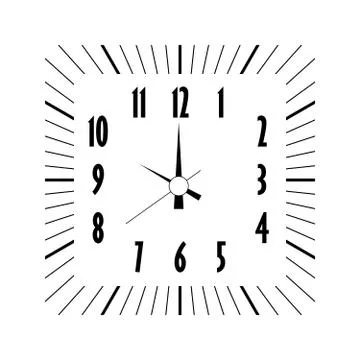 Retro clock face. Square hour dial with numbers and hour and minute hand. Dashes 스톡 일러스트