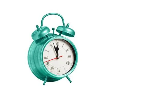Retro clock, pointer clock, blue color alarm clock on isolated white backgrou Stockfoto's