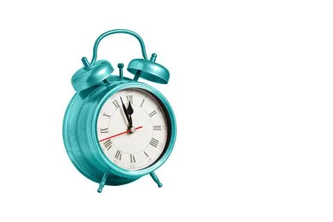 Retro clock, pointer clock, blue color alarm clock on isolated white backgrou Stockfoto's