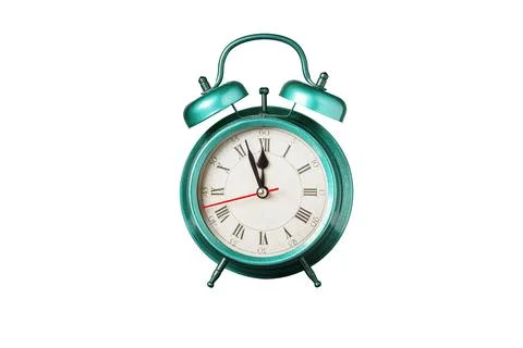 Retro clock, pointer clock, blue color alarm clock on isolated white backgrou Stock Photos