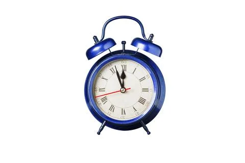 Retro clock, pointer clock, blue color alarm clock on isolated white backgrou Stock Photos