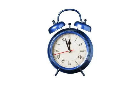 Retro clock, pointer clock, blue color alarm clock on isolated white backgrou Stock Photos