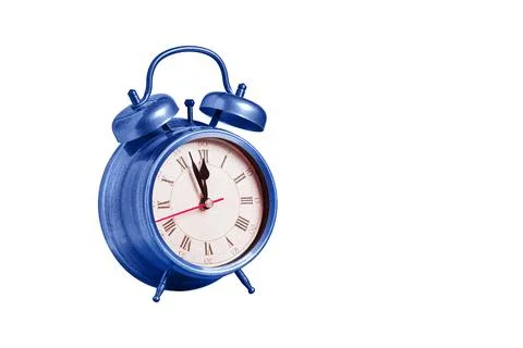 Retro clock, pointer clock, blue color alarm clock on isolated white backgrou Stock Photos