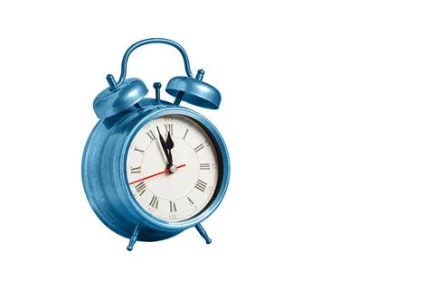 Retro clock, pointer clock, blue color alarm clock on isolated white backgrou Stock Photos