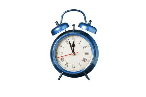 Retro clock, pointer clock, blue color alarm clock on isolated white backgrou Stock Photos