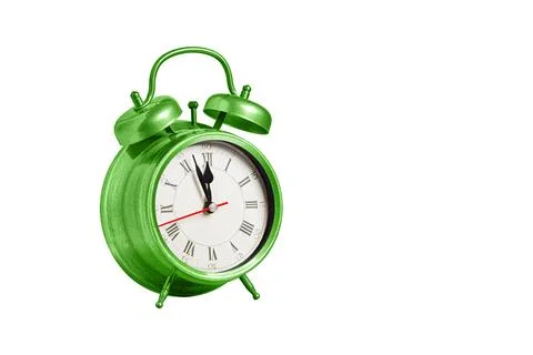 Retro clock, pointer clock, green color alarm clock on isolated white backg.. Stock Photos