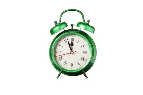 Retro clock, pointer clock, green color alarm clock on isolated white backg.. Stock Photos