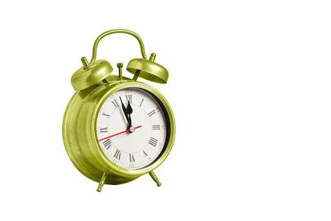 Retro clock, pointer clock, green color alarm clock on isolated white backg.. Stock Photos
