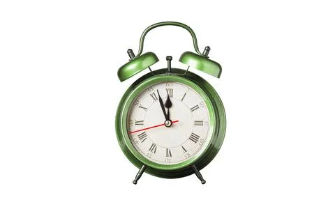 Retro clock, pointer clock, green color alarm clock on isolated white backg.. Stock Photos