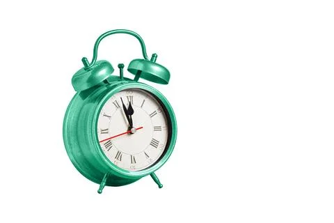 Retro clock, pointer clock, green color alarm clock on isolated white backg.. 库存照片
