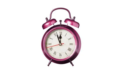 Retro clock, pointer clock, pink color alarm clock on isolated white backgrou Stock Photos
