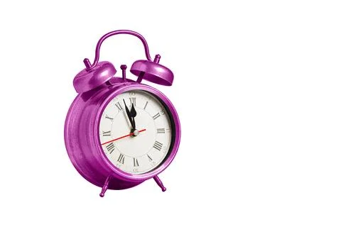 Retro clock, pointer clock, pink color alarm clock on isolated white backgrou Stock Photos