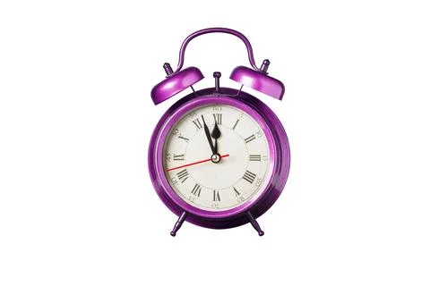 Retro clock, pointer clock, pink color alarm clock on isolated white backgrou Stock Photos