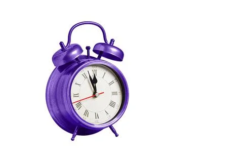 Retro clock, pointer clock, purple color alarm clock on isolated white back.. Stock Photos