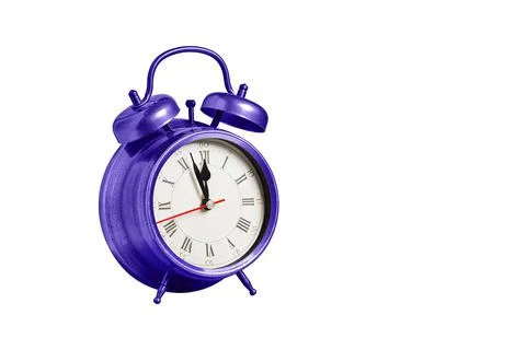 Retro clock, pointer clock, purple color alarm clock on isolated white back.. Stock Photos