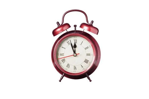 Retro clock, pointer clock, red color alarm clock on isolated white backgroun Stock Photos