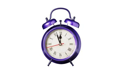 Retro clock, pointer clock, violet, purple color alarm clock on isolated whit Stock Photos