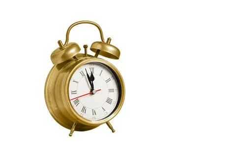 Retro clock, pointer clock, yellow color alarm clock on isolated white back.. Stock Photos