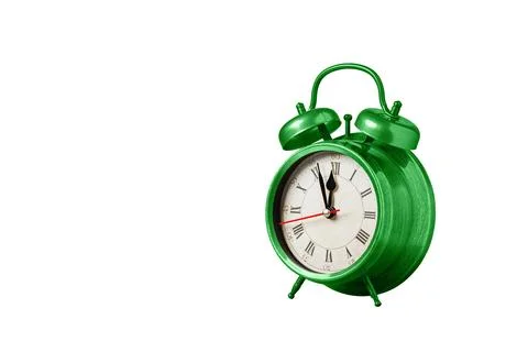 Retro clock, watch, pointer clock, Green color alarm clock on isolated white  Stock Photos