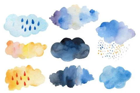 Retro clouds and rain in the sky illustration blue scandinavian style background 스톡 일러스트