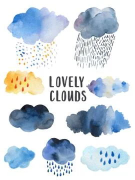 Retro clouds and rain in the sky illustration blue scandinavian style background Stock Illustration