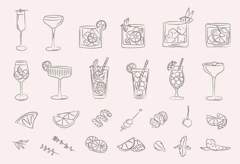 Retro cocktail doodle set with hand drawn garnish, classic drinks and vintage Stock Illustration