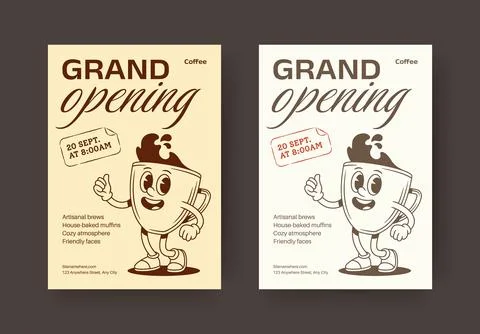 Retro Coffee Grand Opening Vector Template Flyer Poster Set Stock Illustration