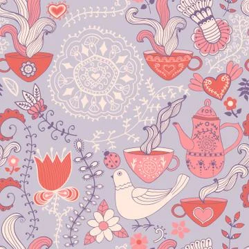 Retro coffee seamless pattern, tea background, texture with cups,drink and fl Stock Illustration