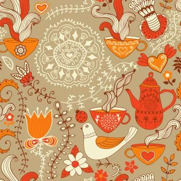 Retro coffee seamless pattern, tea background, texture with cups,drink and fl Stock Illustration