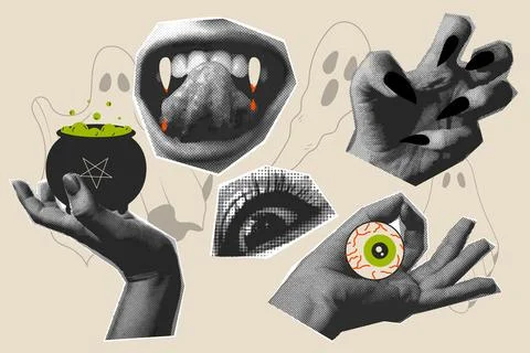 Retro collage halftone elements, mouth, teeth, eye, hands. Vector Stock Illustration