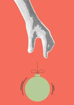 Retro collage with hand lets go Christmas toy. Halftone collage and doodle .. Stock Illustration