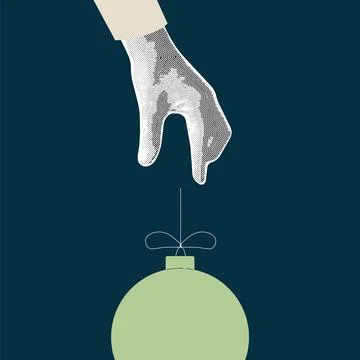 Retro collage with hand lets go, throws Christmas toy. Halftone collage and.. Stock Illustration