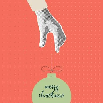 Retro collage with hand lets go, throws Christmas toy. Halftone collage and.. Stock Illustration