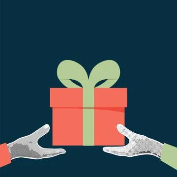 Retro collage with two hands and gift box with bow. Halftone collage and do.. Stock Illustration