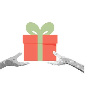 Retro collage with two hands and gift box with bow. Halftone collage and do.. Stock Illustration