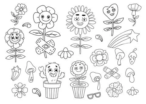 Retro collection of groovy elements. Funny cartoon characters with faces funk Stock Illustration