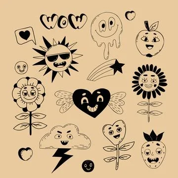 Retro collection of groovy elements. Funny cartoon characters with faces funk Stock Illustration