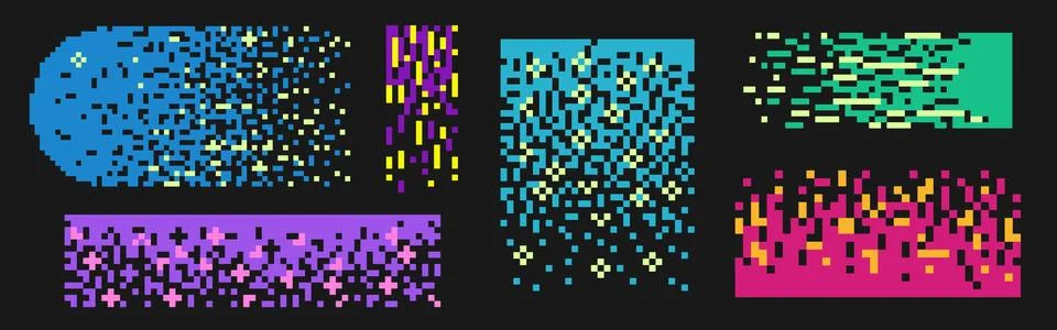 Retro color pixel patterns set isolated on black Stock Illustration