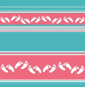 Retro colored seamless horizontal striped pattern with scattered baby feet mo Stock Illustration