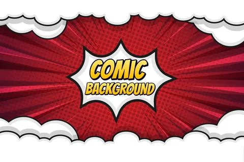 Retro Comic Book Background with Cloud Border and Red Sunburst Rays Stock Illustration