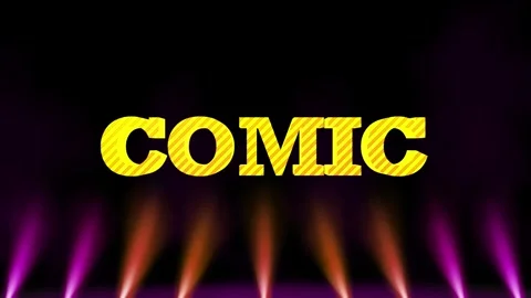 Retro Comic Book Text Overlay – Bold Yellow Typography on Neon Stage Light Backg Stock Footage 334716641