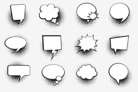 Retro comic bubbles set with halftone shadows on white background. Vector illust 스톡 일러스트