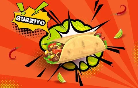 Retro comic halftone bubble with mexican burrito Stock Illustration